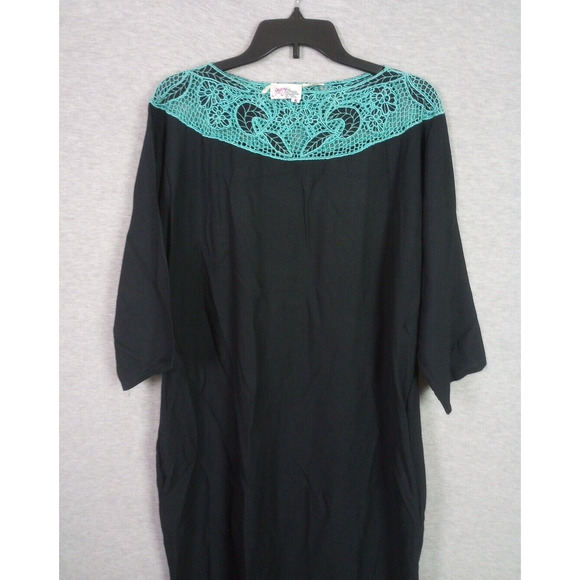 Vintage Gypsy Pier 1 Women Dress Small Black Teal Lace Muumuu Shift 90s - Picture 2 of 6